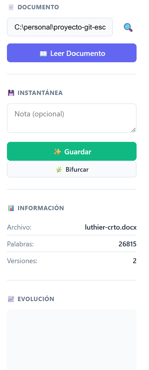 Panel lateral de Chronos con secciones de documento, instantánea e información