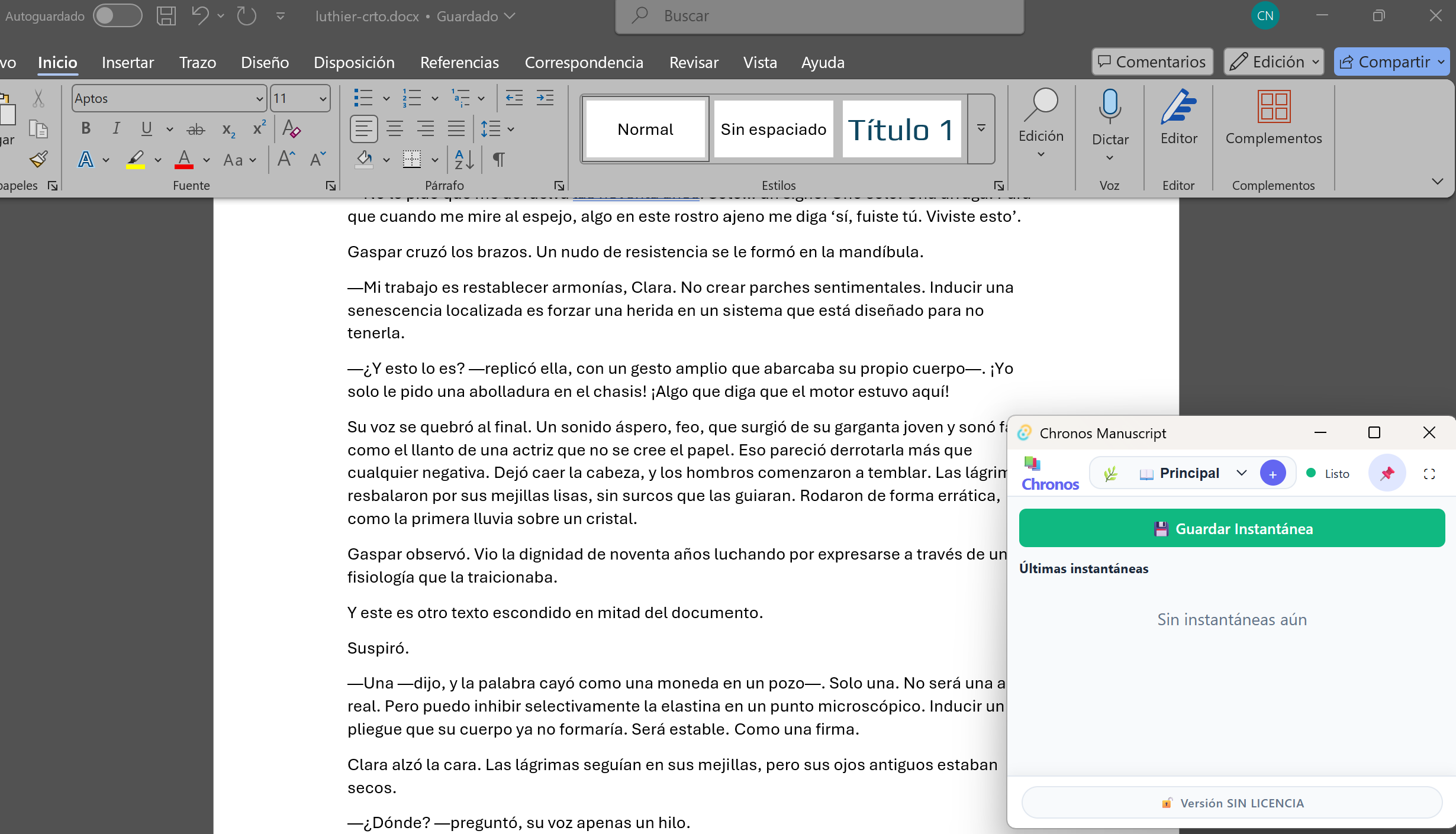 Chronos en modo flotante sobre Microsoft Word mientras se escribe